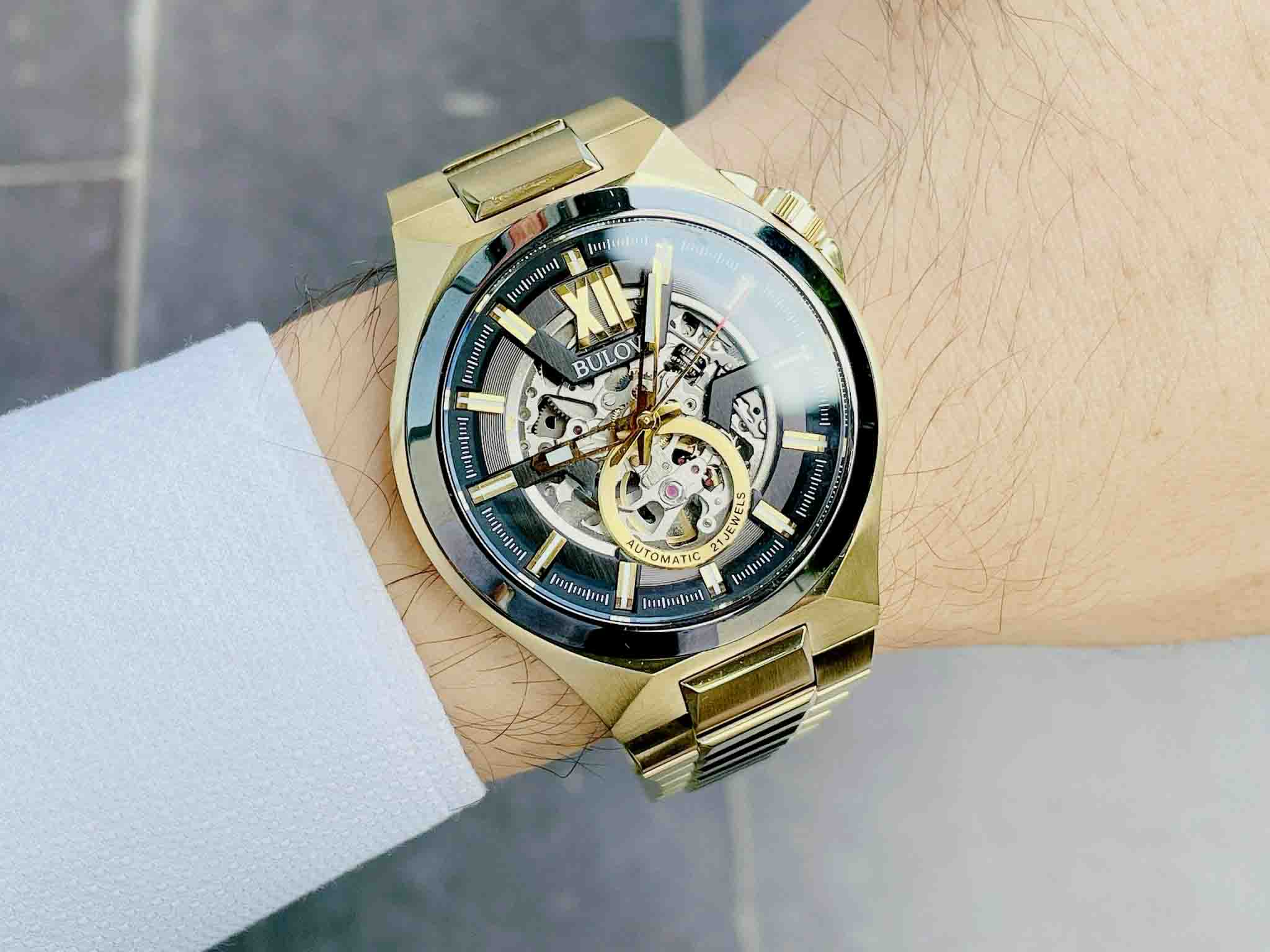 Bulova A Maquina Skeleton Automatic Full Gold Mm Smile Watch